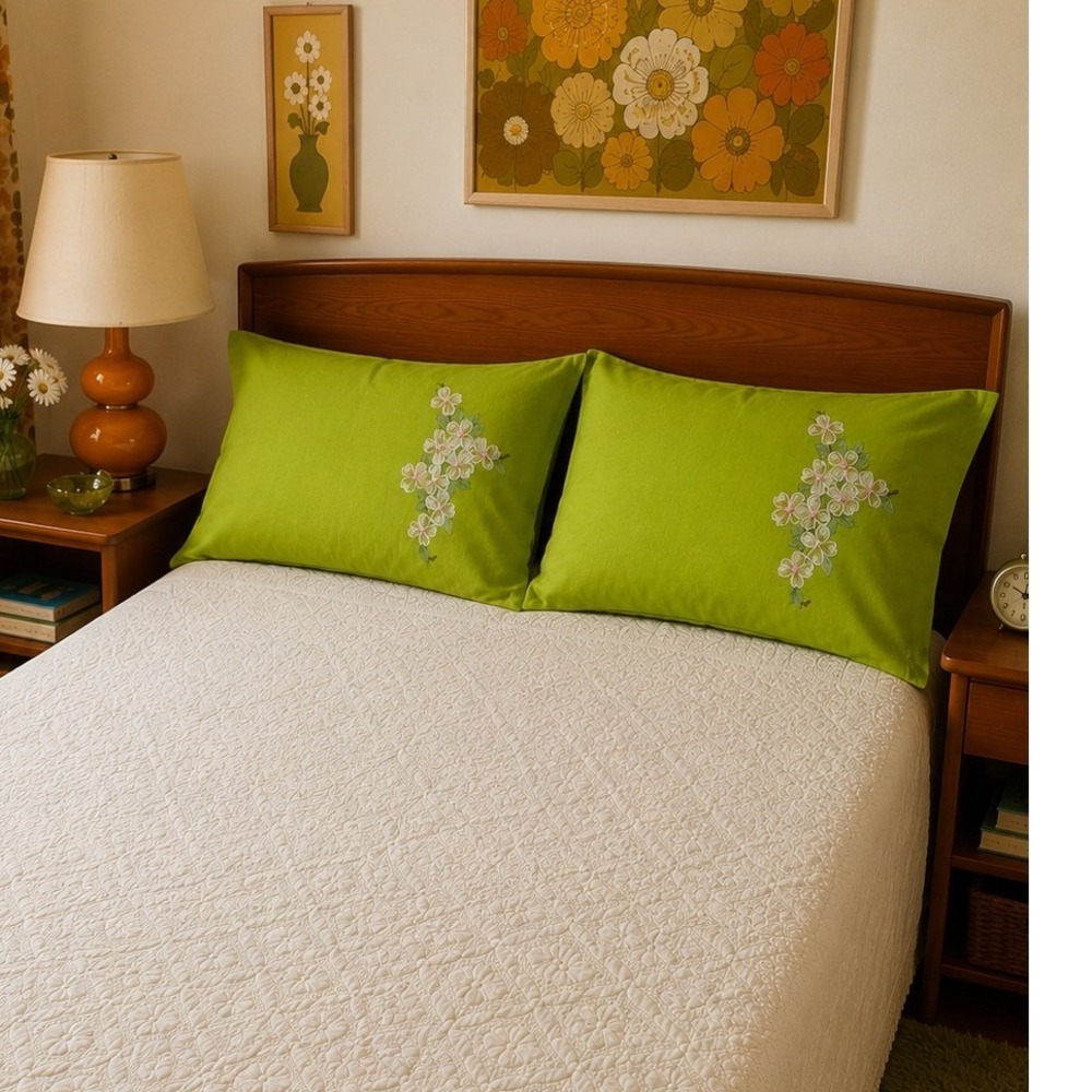 Vintage Pillowcase Set Standard Avocado Green Excellent Embroidered Floral 2pc
